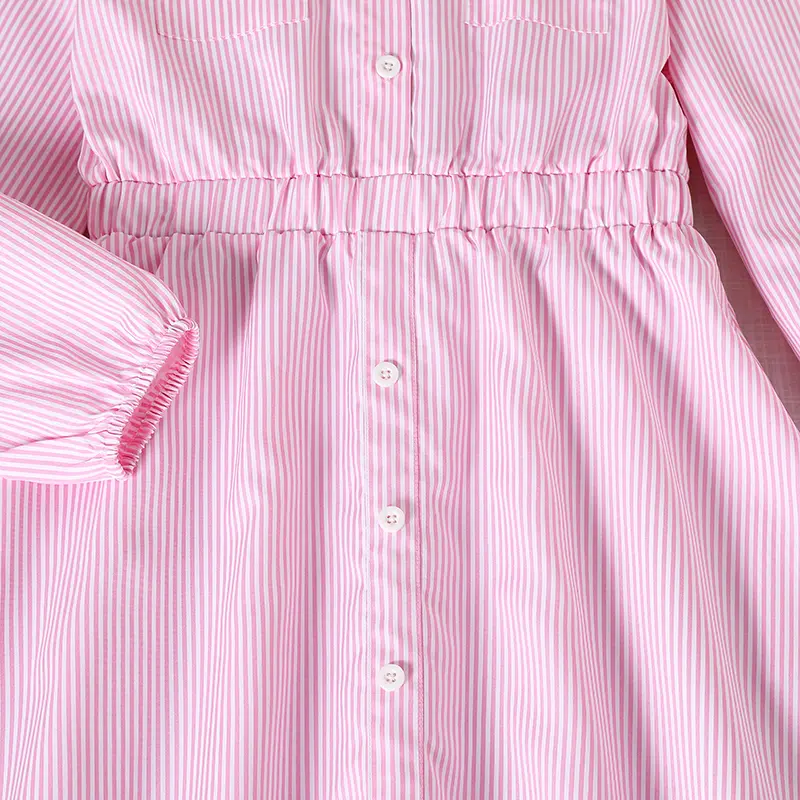 Kids Clothing Solid Color Pink Turn-Down Collar Pocket Single Breasted Long Sleeve A-Line Dress Fir Girls 8-12 Years Daily Set