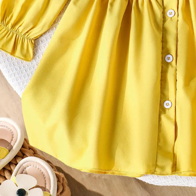 Girls Dress Autumn 2025 Solid Color Yellow Floral Print Turn Down Collar Long Sleeve A-Line Dress For Girls 4-7 Years Daily Set