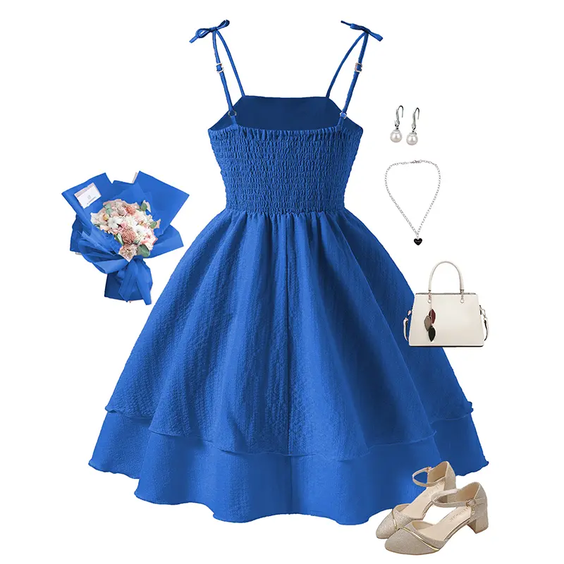 Summer New Kids Clothing Solid Color Sling Princess Dress For Girls 8-12 Years Sweet Style Vacation Set Birthing Party Clothing