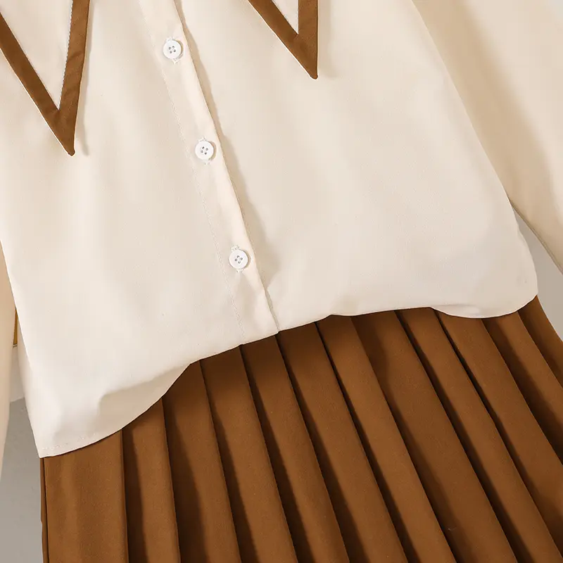 Autumn 2PCS Girls Suit Beige Turn Down Collar Single Breasted Long Sleeve Coat & Solid Color Brown Skirt For Girls Preppy Style