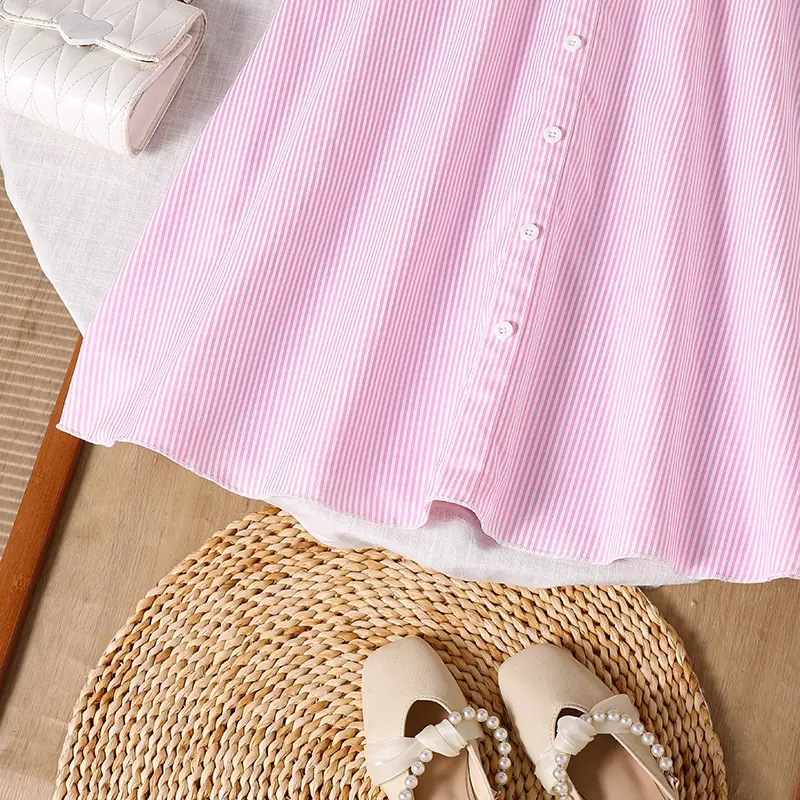 Kids Clothing Solid Color Pink Turn-Down Collar Pocket Single Breasted Long Sleeve A-Line Dress Fir Girls 8-12 Years Daily Set