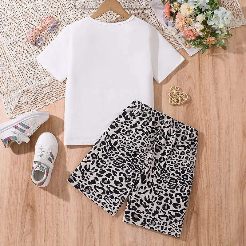 Children‘s ’Casual Vacation Suits For Girl White Letter T-Shirt  And Printed Shorts Korean Style Suits Summer Casual Clothes Set