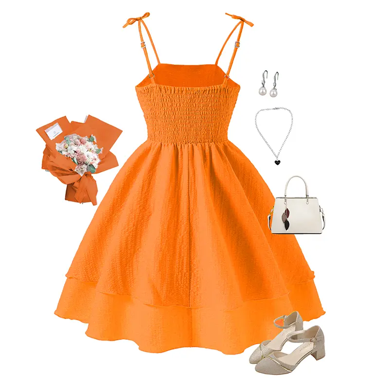 Summer New Kids Clothing Solid Color Sling Princess Dress For Girls 8-12 Years Sweet Style Vacation Set Birthing Party Clothing
