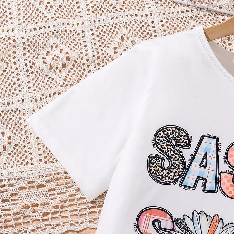 Children‘s ’Casual Vacation Suits For Girl White Letter T-Shirt  And Printed Shorts Korean Style Suits Summer Casual Clothes Set