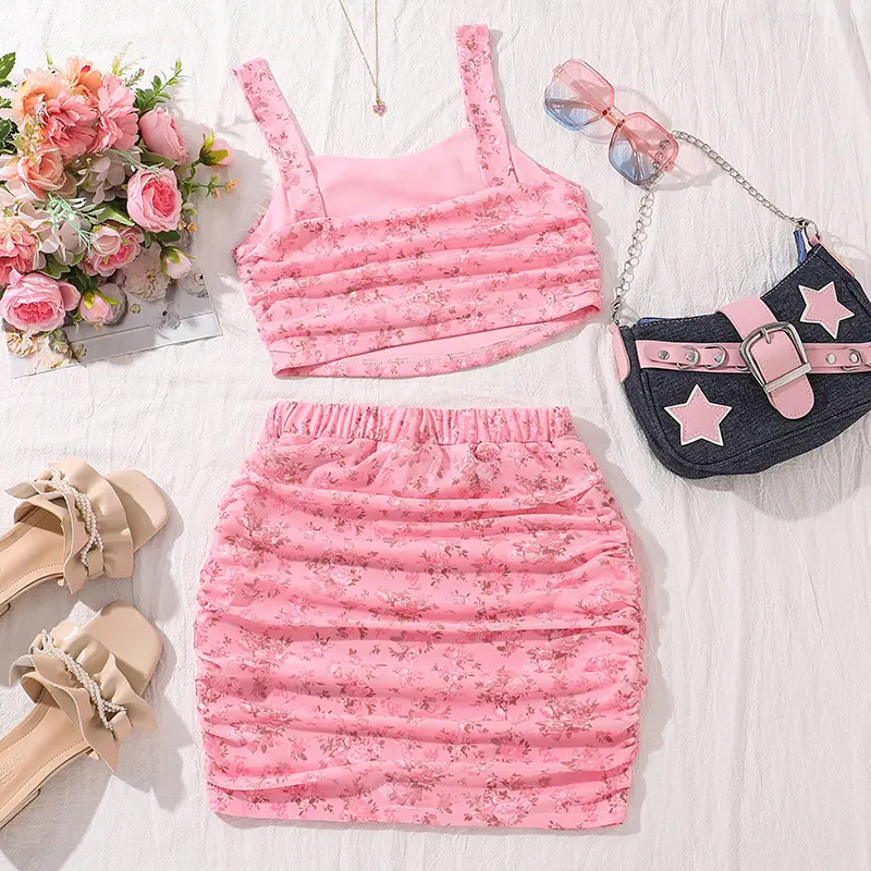 2025 New Summer Outfit Tween Girls Sets Adorable Mesh Vest & Skirt Vacation Daily Casual Sets Beachwear