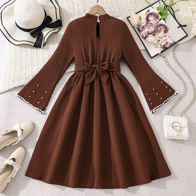 2025 New Kids Clothing Autumn Dress For Girls 8-12 Years Solid Color Brown O-Neck Long Sleeve Bowknot A-Line Dress Frenchy Style