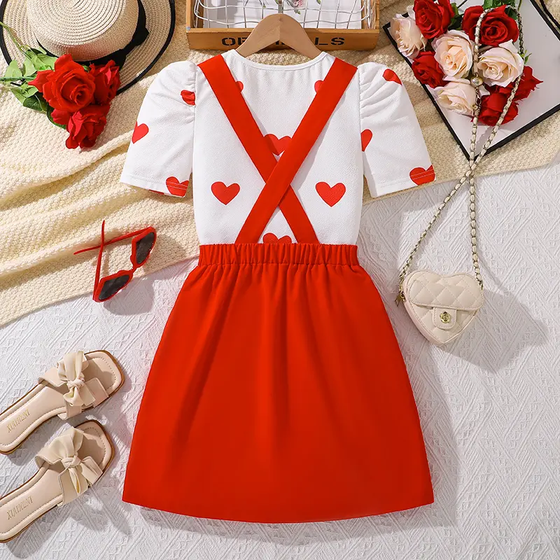 Children Outfit Red Heart Pattern T-shirt & Red Suspender Skirt Sweet Style Girls Clothing Sets Fashion Kids Sets Casual Costume