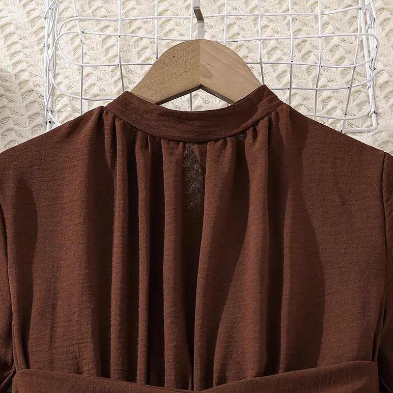 2025 New Kids Clothing Autumn Dress For Girls 8-12 Years Solid Color Brown O-Neck Long Sleeve Bowknot A-Line Dress Frenchy Style