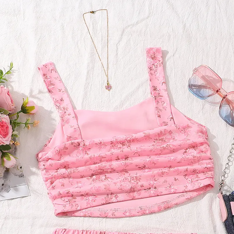 2025 New Summer Outfit Tween Girls Sets Adorable Mesh Vest & Skirt Vacation Daily Casual Sets Beachwear