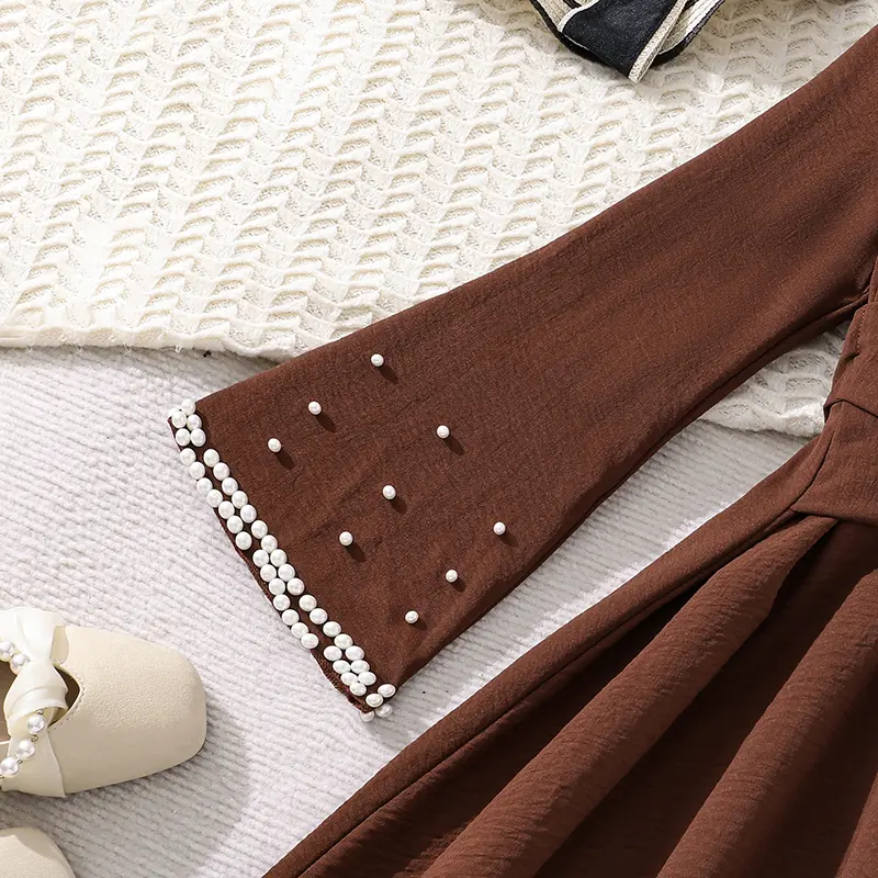 2025 New Kids Clothing Autumn Dress For Girls 8-12 Years Solid Color Brown O-Neck Long Sleeve Bowknot A-Line Dress Frenchy Style