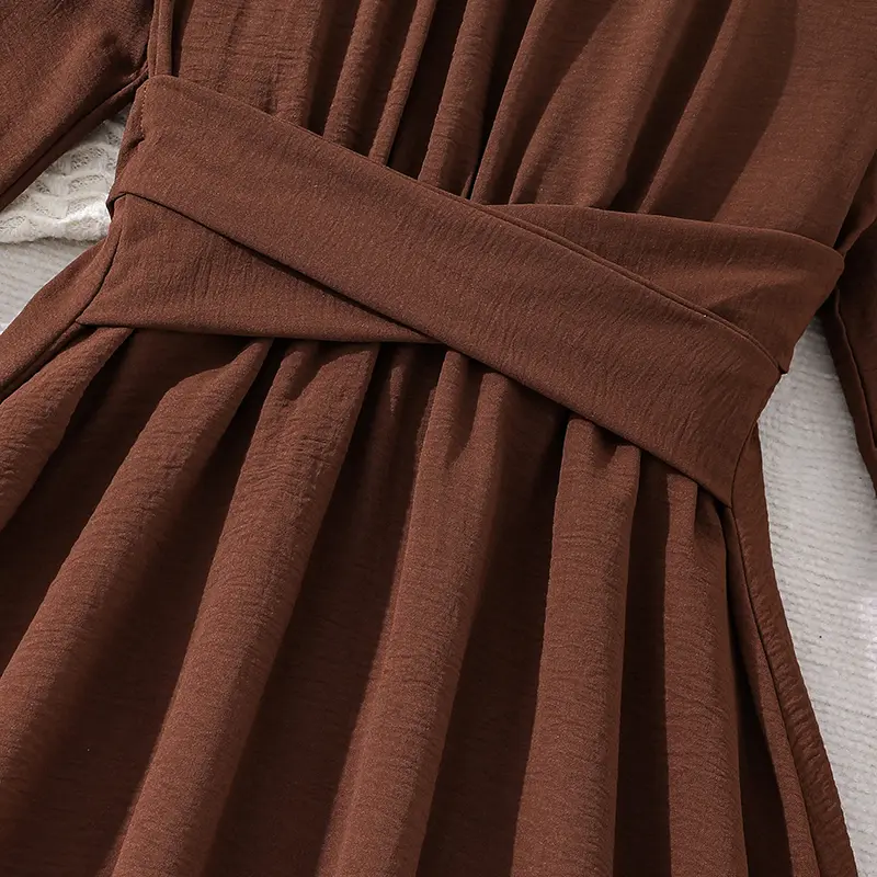 2025 New Kids Clothing Autumn Dress For Girls 8-12 Years Solid Color Brown O-Neck Long Sleeve Bowknot A-Line Dress Frenchy Style