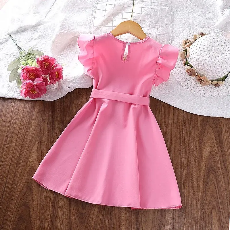 Kids Dress For Girls 4-7 Years Solid Pink Belted Wing-Sleeve V-neck Dress Sweet Style Summer Costume Baby Clothing