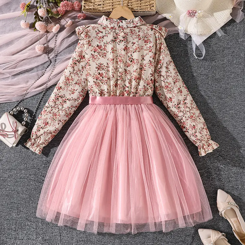 Spring/Summer Floral Print Lapel Girls Dress Ages 8-12 with Pink Mesh Hem Sweet Peasant Style