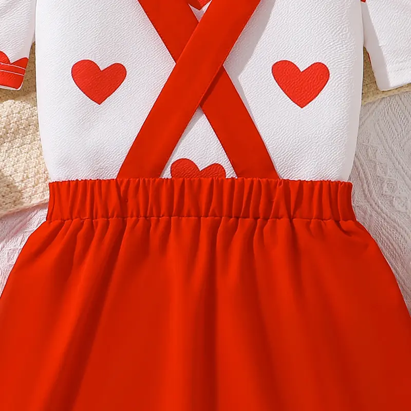 Children Outfit Red Heart Pattern T-shirt & Red Suspender Skirt Sweet Style Girls Clothing Sets Fashion Kids Sets Casual Costume