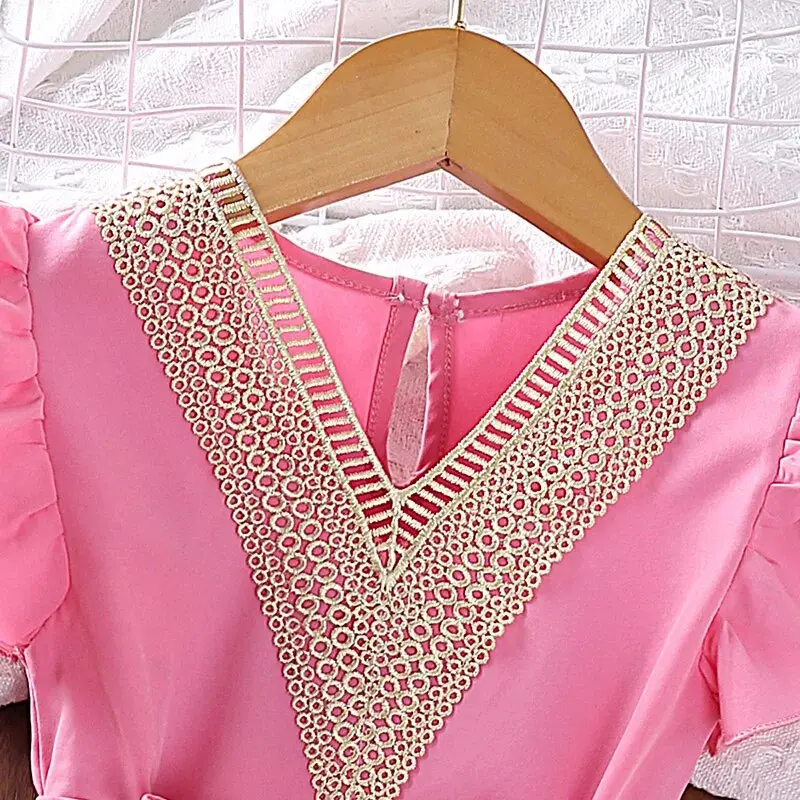 Kids Dress For Girls 4-7 Years Solid Pink Belted Wing-Sleeve V-neck Dress Sweet Style Summer Costume Baby Clothing