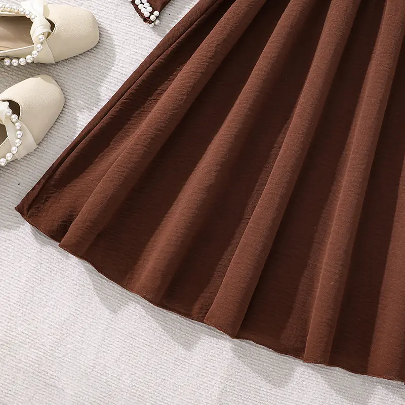 2025 New Kids Clothing Autumn Dress For Girls 8-12 Years Solid Color Brown O-Neck Long Sleeve Bowknot A-Line Dress Frenchy Style