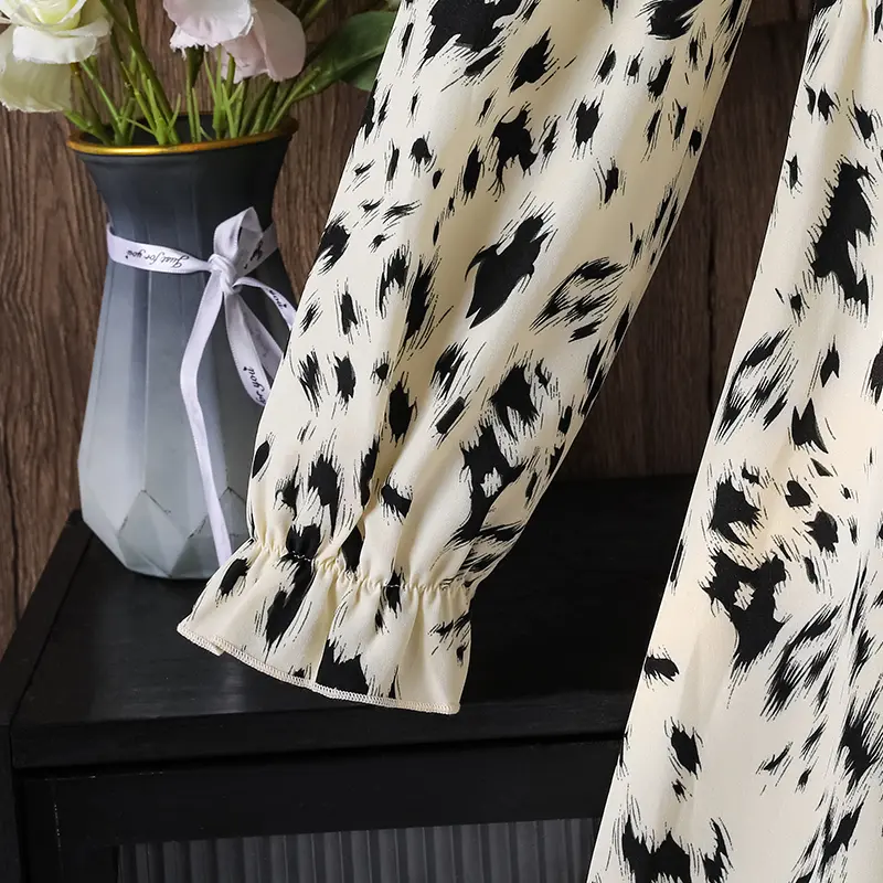 Girls' Dress for Summer 8-12 Years Old Irregular Print Square Neckline Puffed Long Sleeves Elastic Waist Everyday Elegance