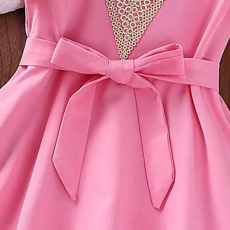 Kids Dress For Girls 4-7 Years Solid Pink Belted Wing-Sleeve V-neck Dress Sweet Style Summer Costume Baby Clothing