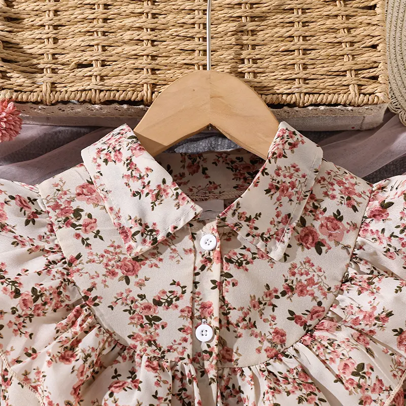 Spring/Summer Floral Print Lapel Girls Dress Ages 8-12 with Pink Mesh Hem Sweet Peasant Style