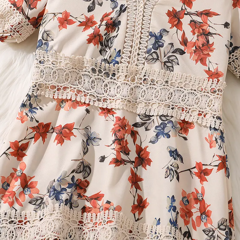 Summer Teens Dress For Girls Short Sleeveless Beige Printed V-Neck  A-Line Dress 8-12 Years Frenchy Elegant Casual Sweet style