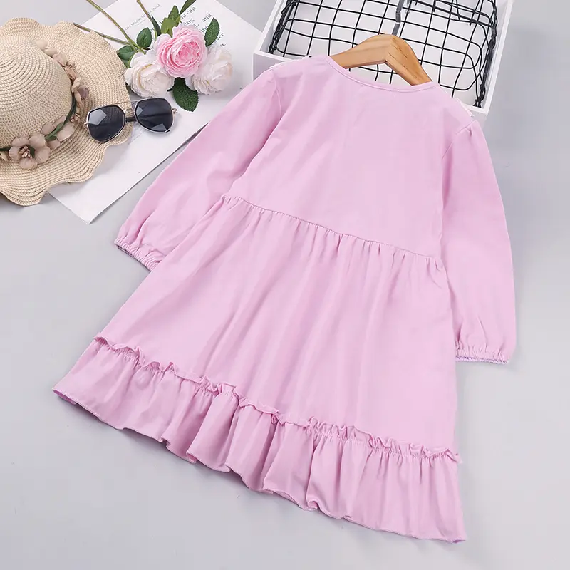 Sweet Little Girl's Peter Pan Collar Dress Pink Lace Combo Spring/Summer Long Sleeves Knee-Length Skirt Frilled Hem Fresh Style