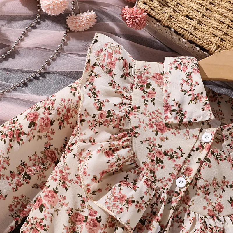 Spring/Summer Floral Print Lapel Girls Dress Ages 8-12 with Pink Mesh Hem Sweet Peasant Style