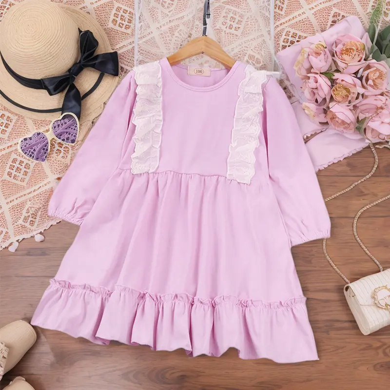 Sweet Little Girl's Peter Pan Collar Dress Pink Lace Combo Spring/Summer Long Sleeves Knee-Length Skirt Frilled Hem Fresh Style