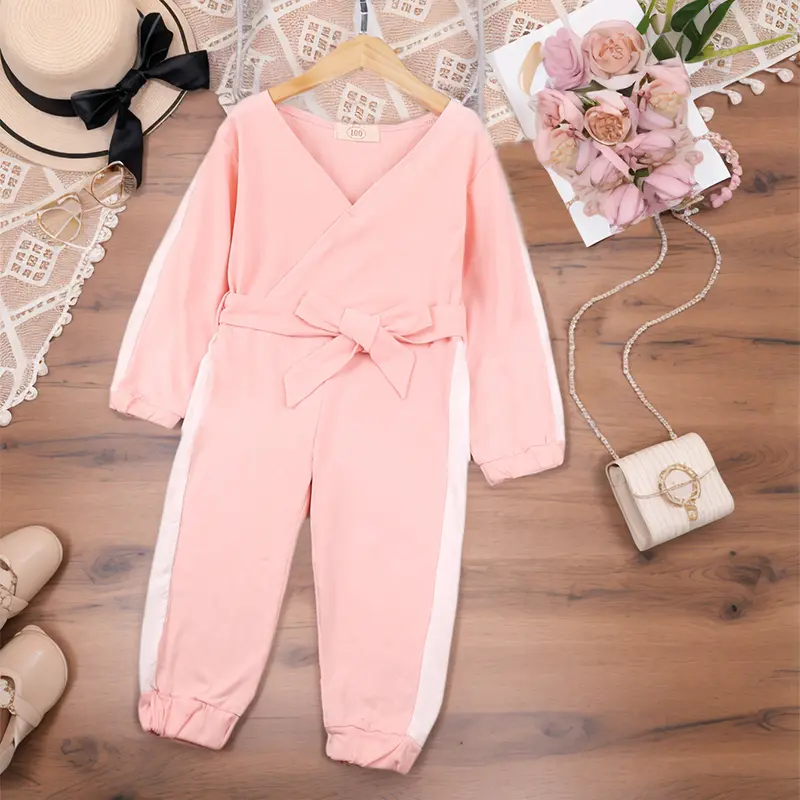 Elegant V-Neck Pink Long-Sleeved Jumpsuits for Girls Spring Autumn Casual Comfortable Trendy Outfit