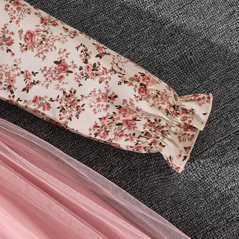 Spring/Summer Floral Print Lapel Girls Dress Ages 8-12 with Pink Mesh Hem Sweet Peasant Style