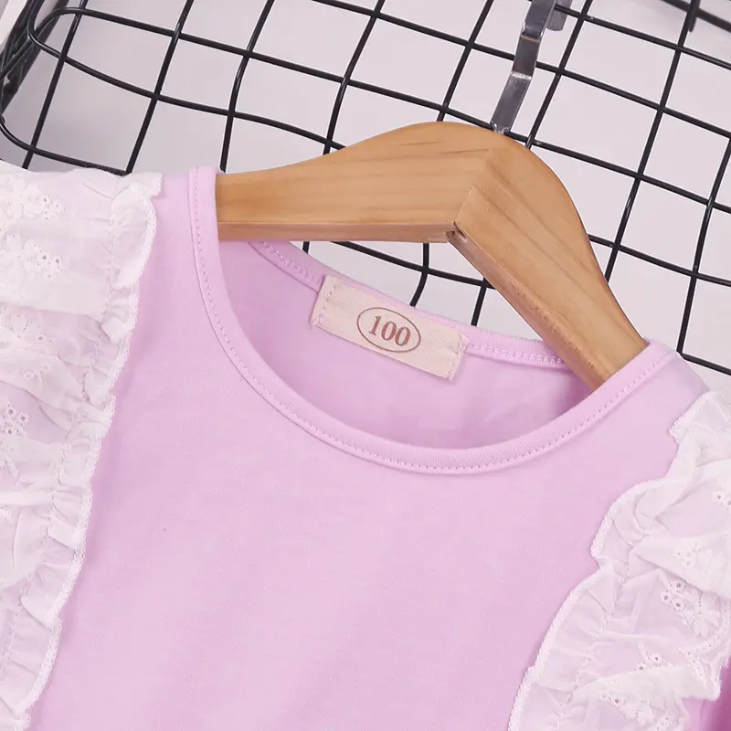 Sweet Little Girl's Peter Pan Collar Dress Pink Lace Combo Spring/Summer Long Sleeves Knee-Length Skirt Frilled Hem Fresh Style