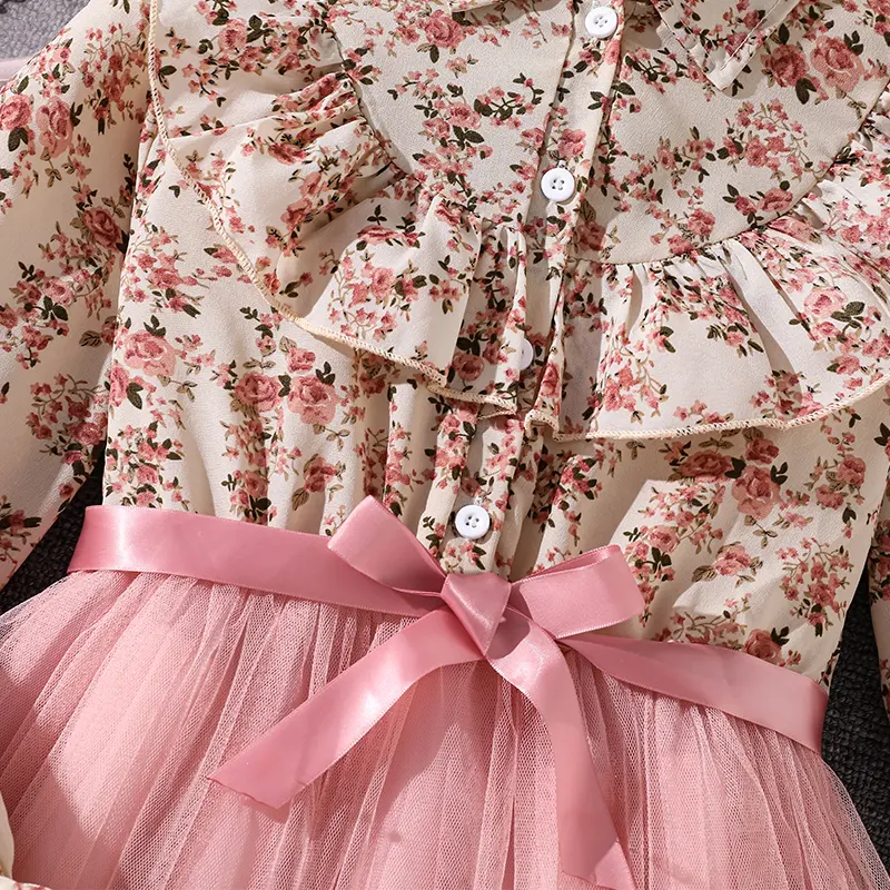 Spring/Summer Floral Print Lapel Girls Dress Ages 8-12 with Pink Mesh Hem Sweet Peasant Style