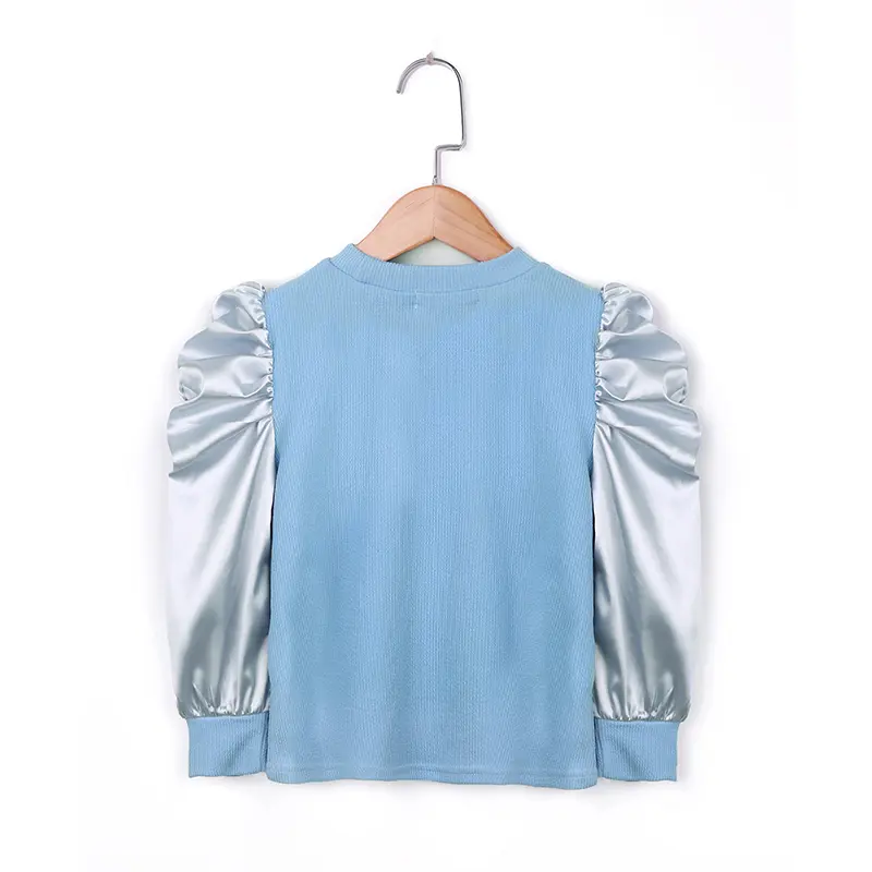 Cute Silver Puff Long Sleeve Peter Pan Collar T-Shirt for Little Girls Spring And Fall Trendy Blue Combo Easy Daily Wear