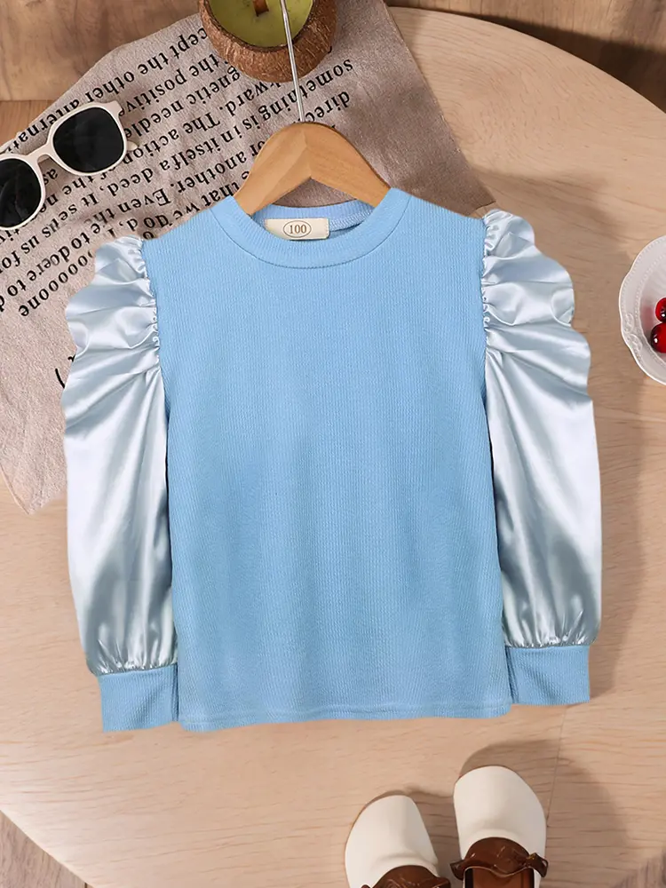 Cute Silver Puff Long Sleeve Peter Pan Collar T-Shirt for Little Girls Spring And Fall Trendy Blue Combo Easy Daily Wear