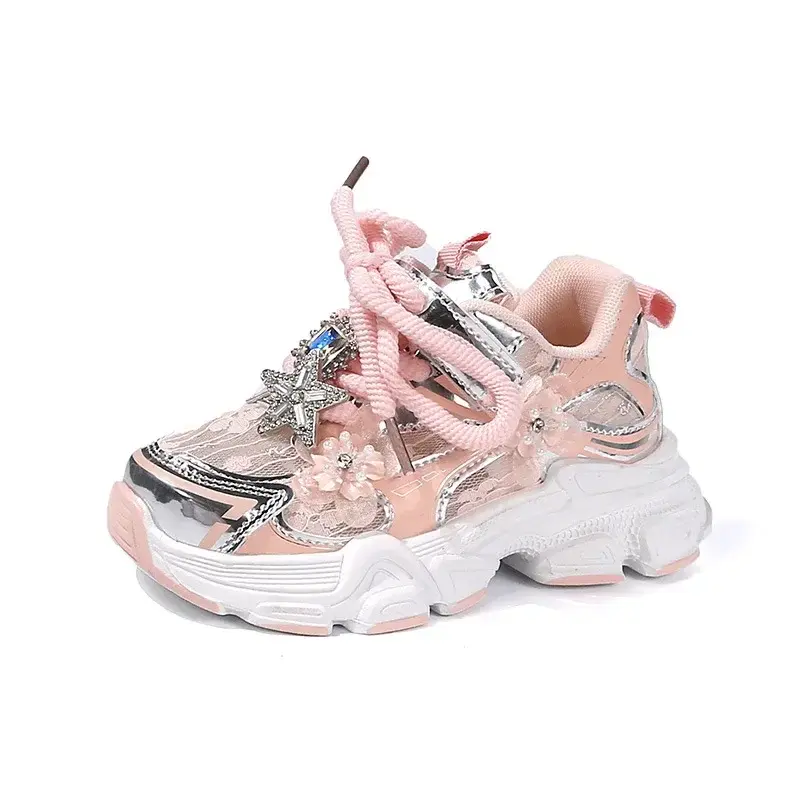 Girls Running Shoes Princess Style Flowers Children Sneakers Thick Soft Sole Non-slip 2025 New Kids Sports Shoes Mesh Breathable