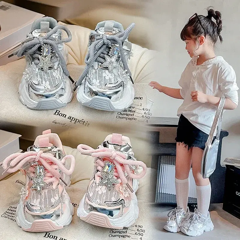 Girls Running Shoes Princess Style Flowers Children Sneakers Thick Soft Sole Non-slip 2025 New Kids Sports Shoes Mesh Breathable
