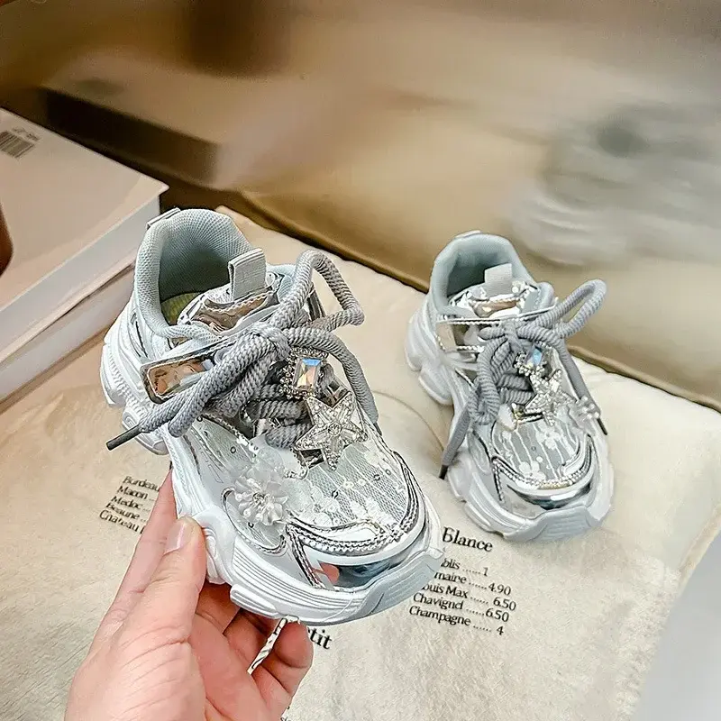 Girls Running Shoes Princess Style Flowers Children Sneakers Thick Soft Sole Non-slip 2025 New Kids Sports Shoes Mesh Breathable