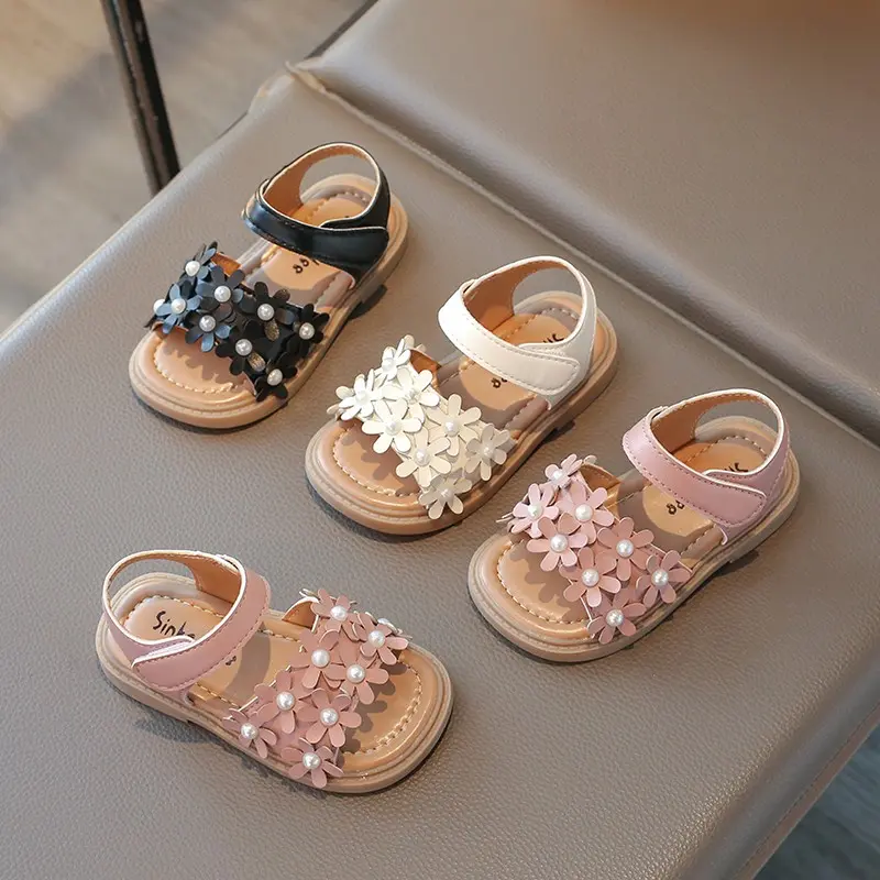 Girls Floral Sandals Princess Sweet Flowers with Pearls Beads Fashion 2025 Brand New Summer Kids Beach Shoes Open Toes Anti-skid