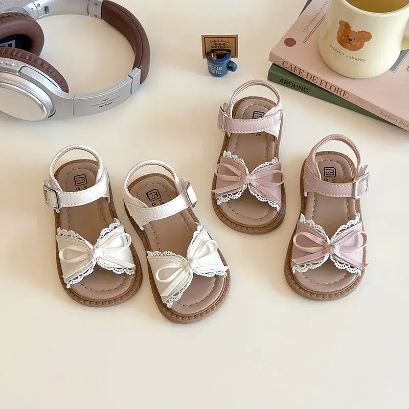 2025 Children Sandals for Girls Summer New Fashion Korean Style Soft Sole Anti-slippery Versatile Sweet Lace Princess Beach Shoe