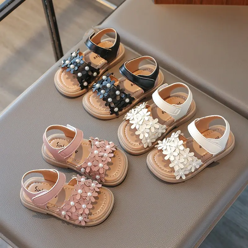 Girls Floral Sandals Princess Sweet Flowers with Pearls Beads Fashion 2025 Brand New Summer Kids Beach Shoes Open Toes Anti-skid