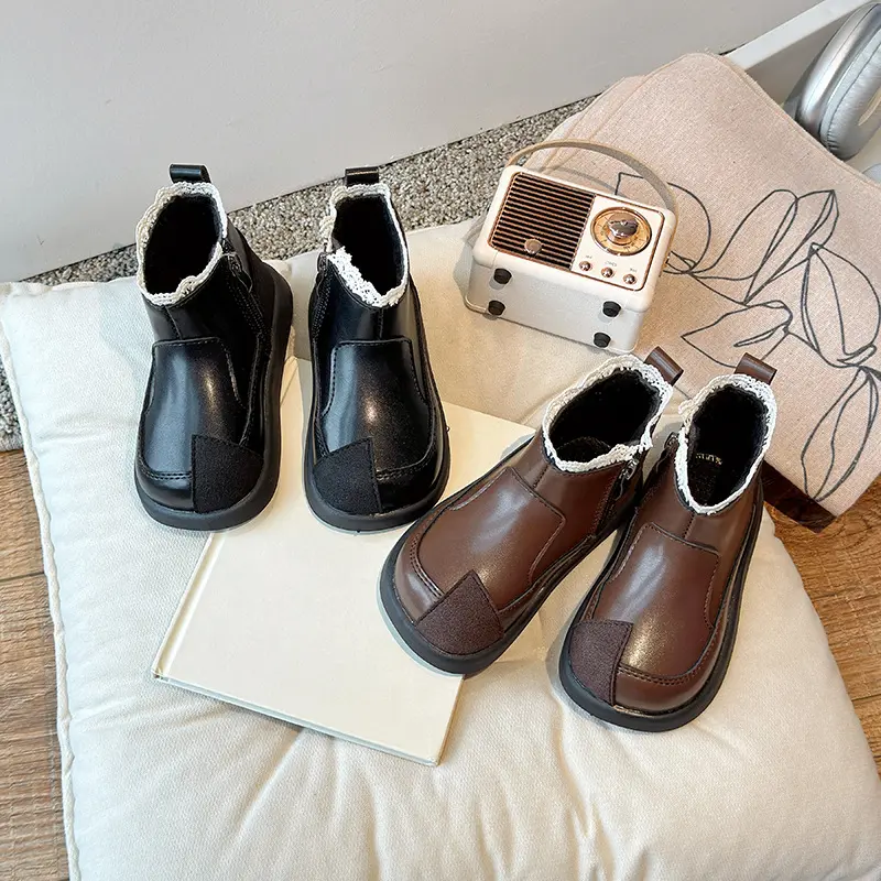 Girls Chelsea Boots Korean Style Kids Princess Boots Sweet Lace 2025 Autumn Winter New Children Short Boots Pu Leather Soft Sole