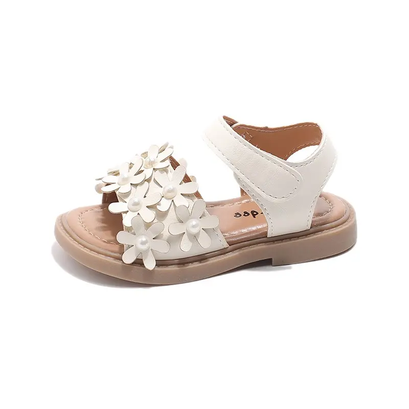 Girls Floral Sandals Princess Sweet Flowers with Pearls Beads Fashion 2025 Brand New Summer Kids Beach Shoes Open Toes Anti-skid