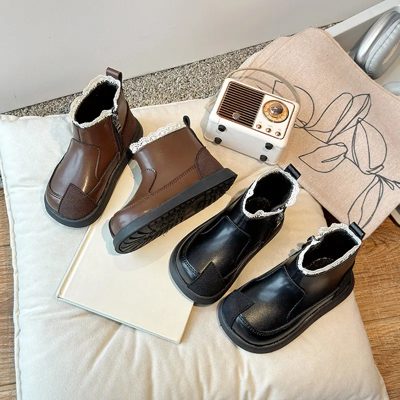 Girls Chelsea Boots Korean Style Kids Princess Boots Sweet Lace 2025 Autumn Winter New Children Short Boots Pu Leather Soft Sole
