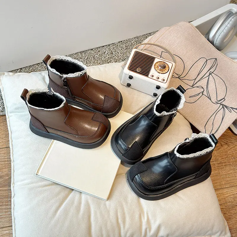 Girls Chelsea Boots Korean Style Kids Princess Boots Sweet Lace 2025 Autumn Winter New Children Short Boots Pu Leather Soft Sole