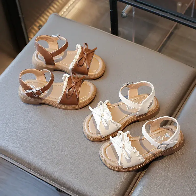 2025 Summer Little Girl Lace Sandals Korean Style New Sandal Beach for Children Fashion Bowknot Kids Causal Princess Flat Sandal