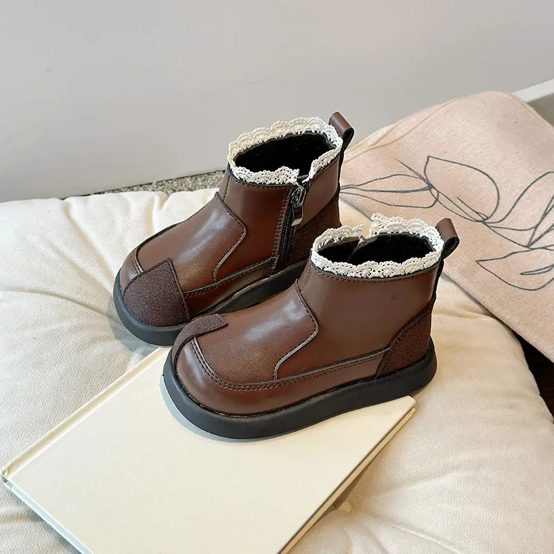 Girls Chelsea Boots Korean Style Kids Princess Boots Sweet Lace 2025 Autumn Winter New Children Short Boots Pu Leather Soft Sole
