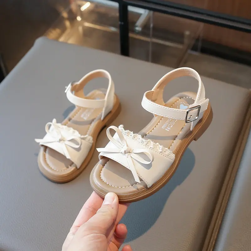 2025 Summer Little Girl Lace Sandals Korean Style New Sandal Beach for Children Fashion Bowknot Kids Causal Princess Flat Sandal