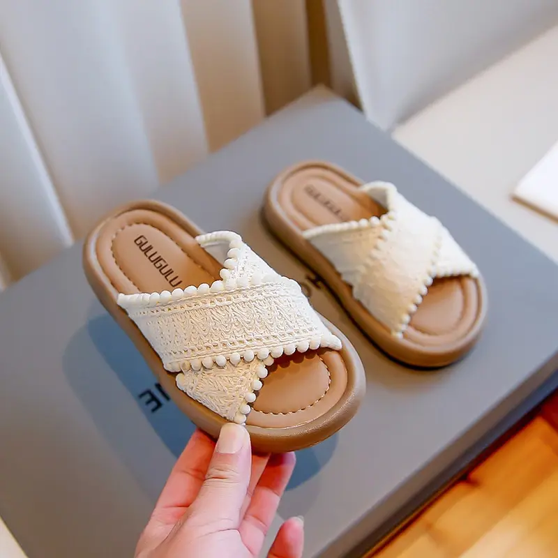 Girls Slippers Ethnic Style 2024 New Summer Versatile Soft Platform Children Casual Shoes Simple Non-slip Princess Slides Woven