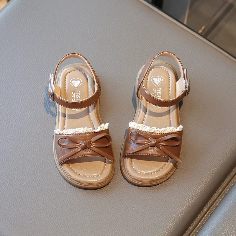 2025 Summer Little Girl Lace Sandals Korean Style New Sandal Beach for Children Fashion Bowknot Kids Causal Princess Flat Sandal