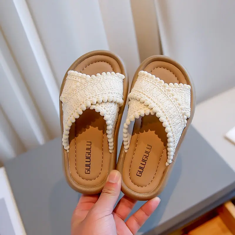Girls Slippers Ethnic Style 2024 New Summer Versatile Soft Platform Children Casual Shoes Simple Non-slip Princess Slides Woven