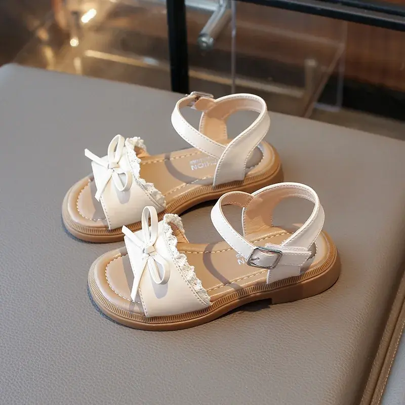 2025 Summer Little Girl Lace Sandals Korean Style New Sandal Beach for Children Fashion Bowknot Kids Causal Princess Flat Sandal